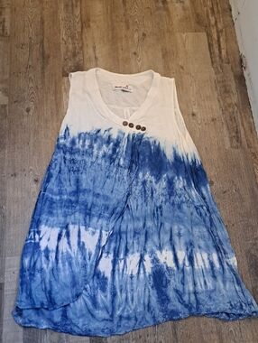 White and Blue Tie-Dye Sleeveless Midi Dress